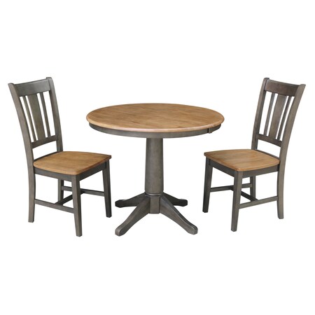 International Concepts Round 36 in Rd Extension Dining Table, 2 RTA Chairs, Hickory/Washed Coal, 36 in W, 48 in L, 30.1 in H K45-36RXT-27B-C10-2